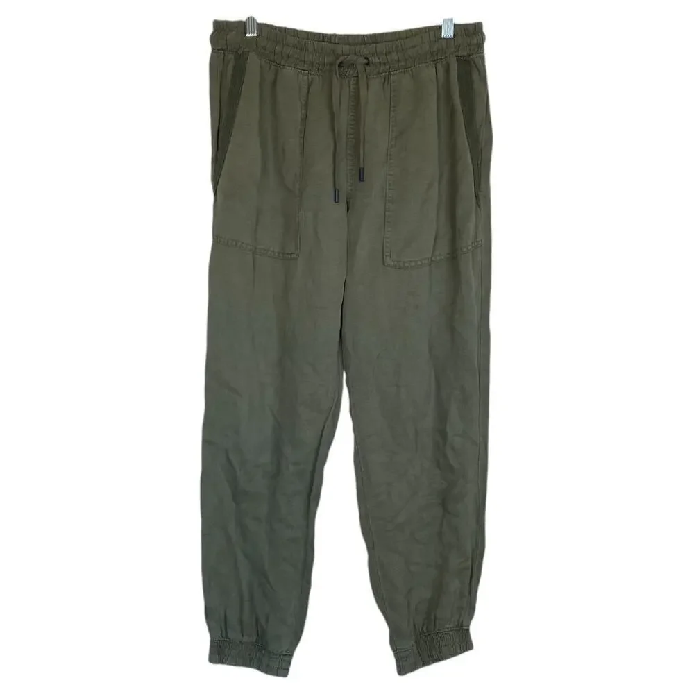 ZARA Khaki Green Linen Blend Pants High Rise Joggers Size Medium Olive Pockets